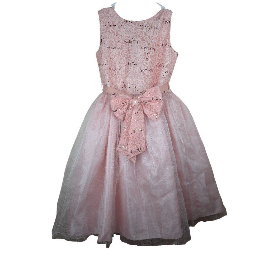 Vintage 90s Barbie Apparel Pink Sequin Bow Party Dress Girls Size 8